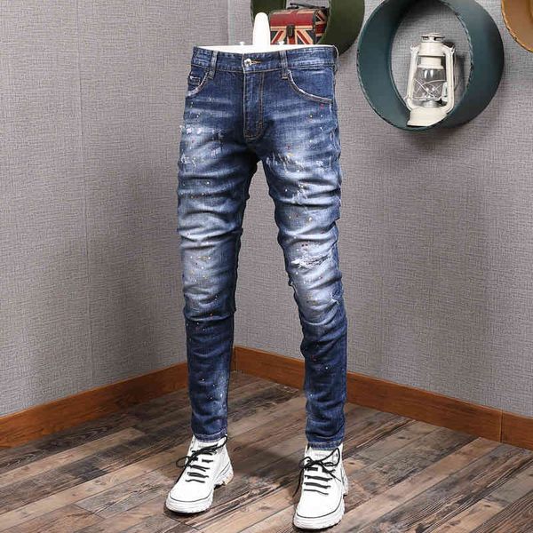 jeans italian style fashion men jeans elastic slim fit painted designer ripped denim pants streetwear hip hop trousers, Blue
jeans italian style fashion men jeans elastic slim fit painted designer ripped denim pants streetwear hip hop trousers, Blue