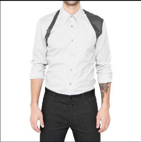 men casual long-sleeve shirt black and white patchwork shoulder strap decoration summer slim nightclub clothing men's shirts, White;black
men casual long-sleeve shirt black and white patchwork shoulder strap decoration summer slim nightclub clothing men's shirts, White;black