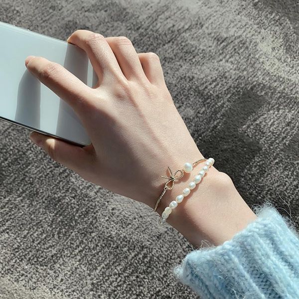 link, chain fashion design baroque double pearl bracelet ins wind bow hand link day gift jewelry, Black