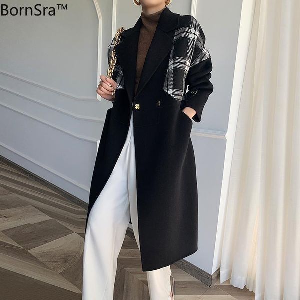 women's wool & blends autumn winter warm women coat fashion plaid spliced slim outwear female arrival v neck office long gm6f, Black
women's wool & blends autumn winter warm women coat fashion plaid spliced slim outwear female arrival v neck office long gm6f, Black