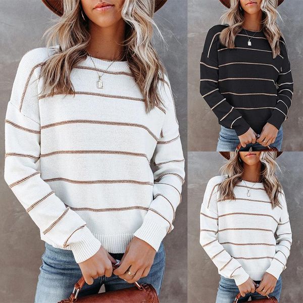 women's sweaters striped long sleeve pullover core spun yarn sweater in autumn and winter 2021, White;black
women's sweaters striped long sleeve pullover core spun yarn sweater in autumn and winter 2021, White;black