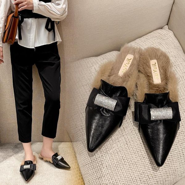 autumn and winter korean version of joker mao shoes women's rhinestone bow pointed flat fur muller slippers, Black
autumn and winter korean version of joker mao shoes women's rhinestone bow pointed flat fur muller slippers, Black