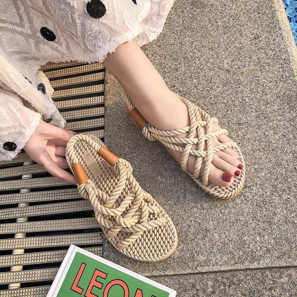 sandals women's rope shoe roman flat bottom women 2021 open toe shoes for, Black