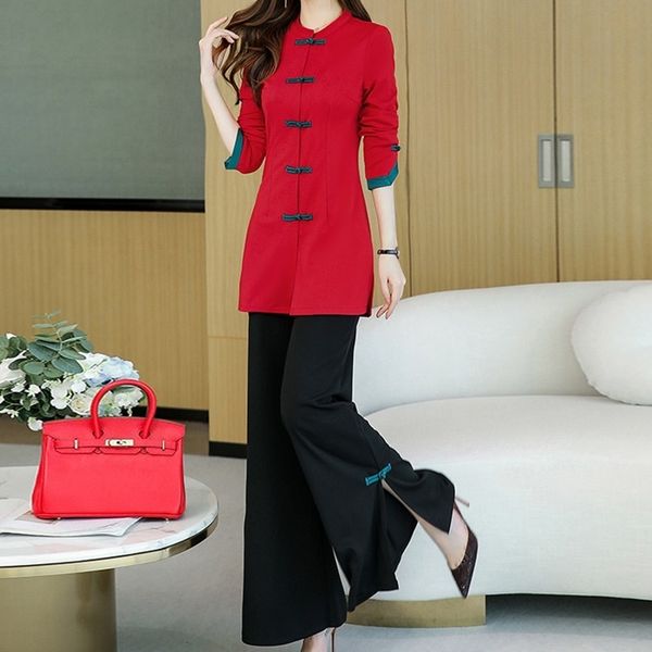 chinese style clothing women 2 piece set cheongsam wide leg pants plate buttons tang suit two peice set for women 11807, Red
chinese style clothing women 2 piece set cheongsam wide leg pants plate buttons tang suit two peice set for women 11807, Red