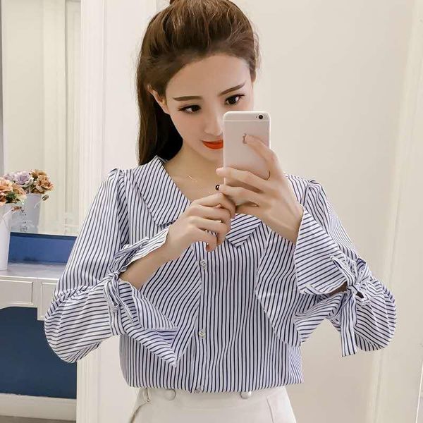 women's blouses & shirts 2021 polyester striped flare long sleeve blouse asymmetrical collar single breasted women size s-2xl, White
women's blouses & shirts 2021 polyester striped flare long sleeve blouse asymmetrical collar single breasted women size s-2xl, White