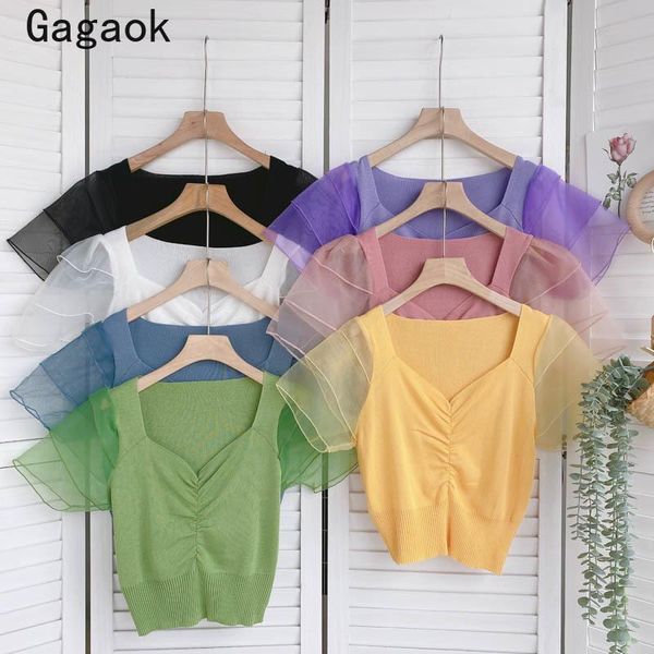 women's blouses & shirts gagaok blouse women 2021 summer v-neck flying sleeve solid sweet knitted slim korean fashion chic wild, White
women's blouses & shirts gagaok blouse women 2021 summer v-neck flying sleeve solid sweet knitted slim korean fashion chic wild, White