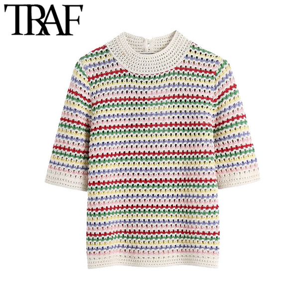 traf women sweet fashion striped cropped knitted sweater vintage o neck short sleeve pullovers chic 210415, White;black
traf women sweet fashion striped cropped knitted sweater vintage o neck short sleeve pullovers chic 210415, White;black