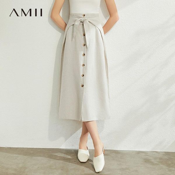 minimalism spring summer fashion solid linen bow aline women skirt causal high waist single-breasted female 12070259 skirts, Black