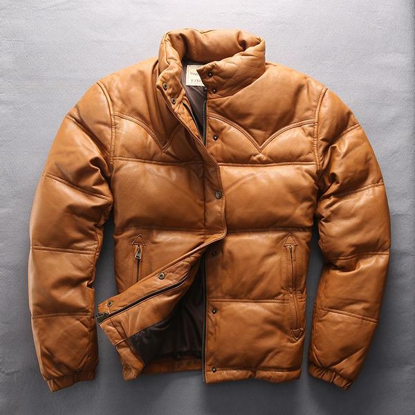 men's leather & faux avirex genuine jacket men yellow stand collar winter duck down short thick sheepskin coat, Black
men's leather & faux avirex genuine jacket men yellow stand collar winter duck down short thick sheepskin coat, Black