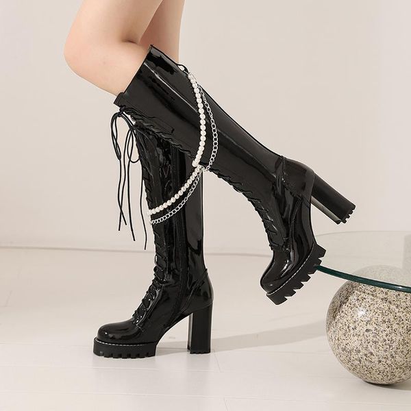 boots fashion women patent leather knee-high string bead round toe high heels casual zip shoes woman 2021 winter autumn, Black
boots fashion women patent leather knee-high string bead round toe high heels casual zip shoes woman 2021 winter autumn, Black