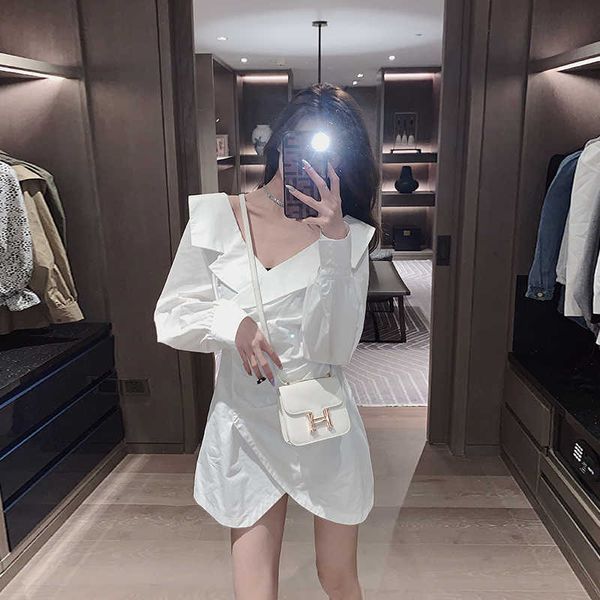 french v-neck shirt dress mini women designer undefined spring clothing ladies puff sleeve elegant party es 210604, Black;gray
french v-neck shirt dress mini women designer undefined spring clothing ladies puff sleeve elegant party es 210604, Black;gray