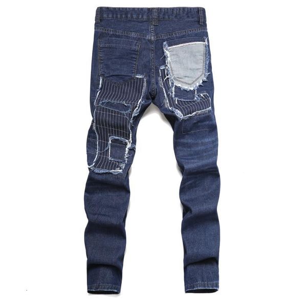 men's jeans individuality design patchwork distressed outer big hole hommes slim fit straight cotton denim pants casual trousers a297, Blue
men's jeans individuality design patchwork distressed outer big hole hommes slim fit straight cotton denim pants casual trousers a297, Blue