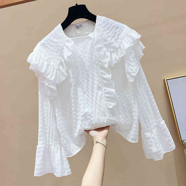 sweet peter pan collar plaid solid double breasted shirt spring new flare sleeve women blouses 210421, White
sweet peter pan collar plaid solid double breasted shirt spring new flare sleeve women blouses 210421, White
