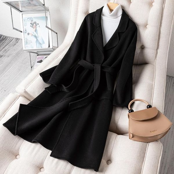 women's wool & blends double-sided cashmere hand-stitched loose casual belt woolen coat, Black
women's wool & blends double-sided cashmere hand-stitched loose casual belt woolen coat, Black