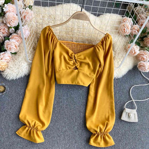 blouses women chic hollow blouse autumn v neck sleeve solid slim blouses korean fashion elastic ruched short, White
blouses women chic hollow blouse autumn v neck sleeve solid slim blouses korean fashion elastic ruched short, White