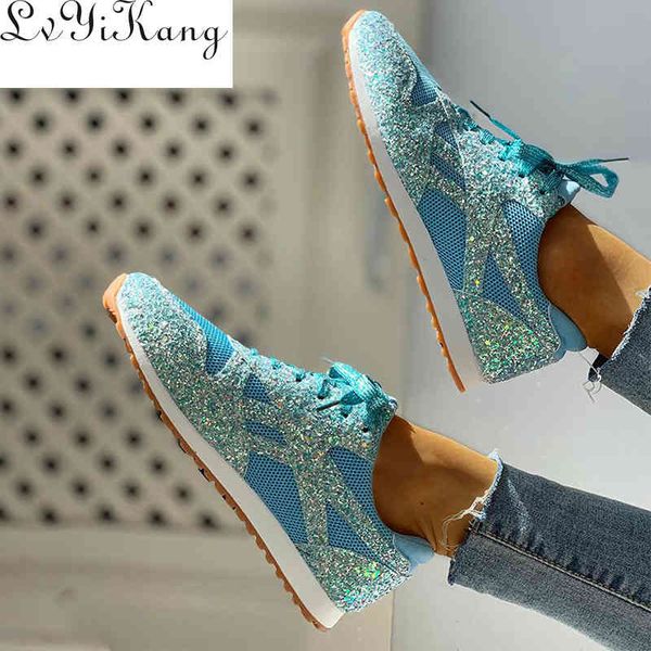 women flat glitter sneakers casual bling vulcanized shoes female mesh lace up platform comfort plus size fashion ladies autumn, Black 
women flat glitter sneakers casual bling vulcanized shoes female mesh lace up platform comfort plus size fashion ladies autumn, Black