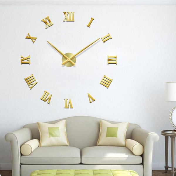 frameless wall clock golden large round acrylic diy decor for living room without battery clocks