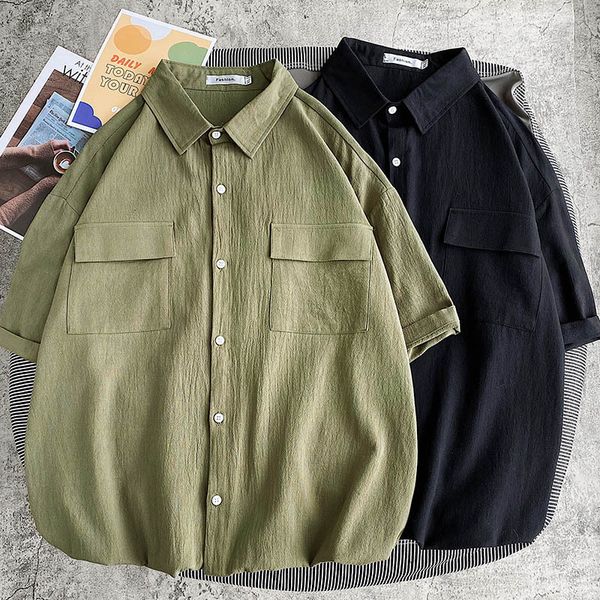 summer short sleeve shirt men's loose tooling 5-sleeve korean fashion handsome top, White;black
summer short sleeve shirt men's loose tooling 5-sleeve korean fashion handsome top, White;black