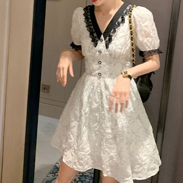 women casual floral dresses korean summer elegant lace v-neck puff sleeve office ladies vintage a-line mini dress female 210518, Black;gray
women casual floral dresses korean summer elegant lace v-neck puff sleeve office ladies vintage a-line mini dress female 210518, Black;gray
