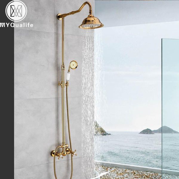 golden bathroom shower faucet 8" rainfall mixer tap with brass handshower wall mounted bath system sets
golden bathroom shower faucet 8" rainfall mixer tap with brass handshower wall mounted bath system sets