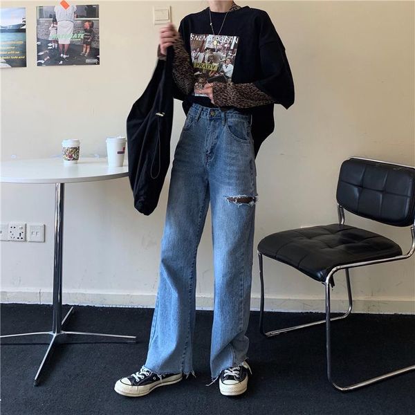 women's jeans whisker hole loose trousers fringed wide-legged pants of mop the floor high waisted full length zipper, Blue
women's jeans whisker hole loose trousers fringed wide-legged pants of mop the floor high waisted full length zipper, Blue