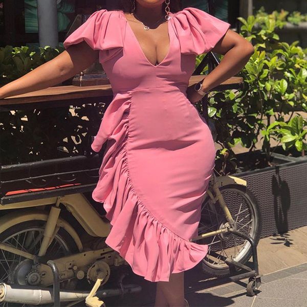 short petal sleeve v neck ruffles bodycon midi dress elegant evening party vestidos 210521, Black;gray
short petal sleeve v neck ruffles bodycon midi dress elegant evening party vestidos 210521, Black;gray