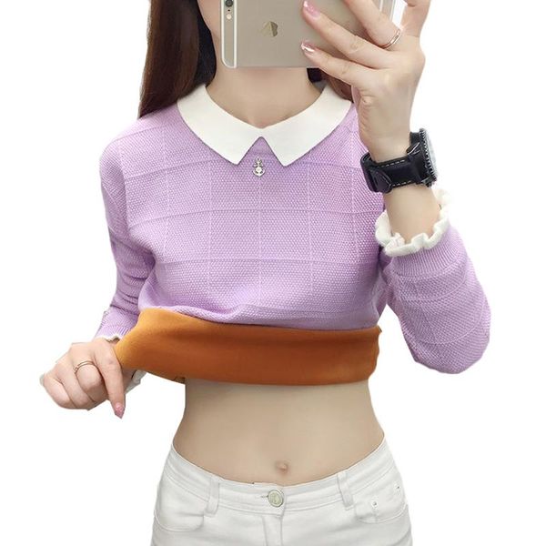 women's sweaters 2021 autumn women sweater pullover long sleeve doll collar slim winter plus velvet knitted female jumper short, White;black
women's sweaters 2021 autumn women sweater pullover long sleeve doll collar slim winter plus velvet knitted female jumper short, White;black