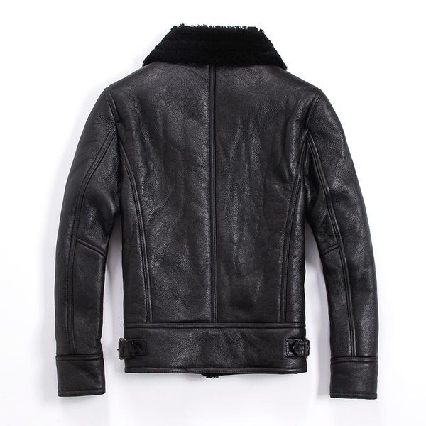 men's leather & faux genuine natural fur sheep shearling jacket winter men sheepskin coat chaqueta cuero hombre 8015kj1146, Black
