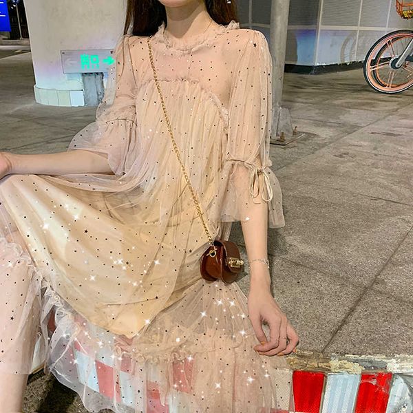 spring summer women star sequins gauze flare sleeve high waistline princess dress female elegant o-neck mesh dresse 210601, Black;gray
spring summer women star sequins gauze flare sleeve high waistline princess dress female elegant o-neck mesh dresse 210601, Black;gray