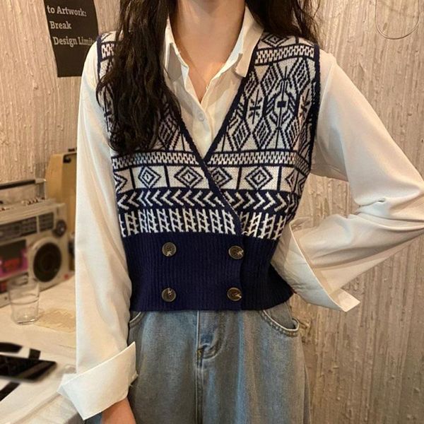 women's vests woman loose sleeveless sweaters v-neck knitted women fashion retro print sweater vest, Black;white
women's vests woman loose sleeveless sweaters v-neck knitted women fashion retro print sweater vest, Black;white