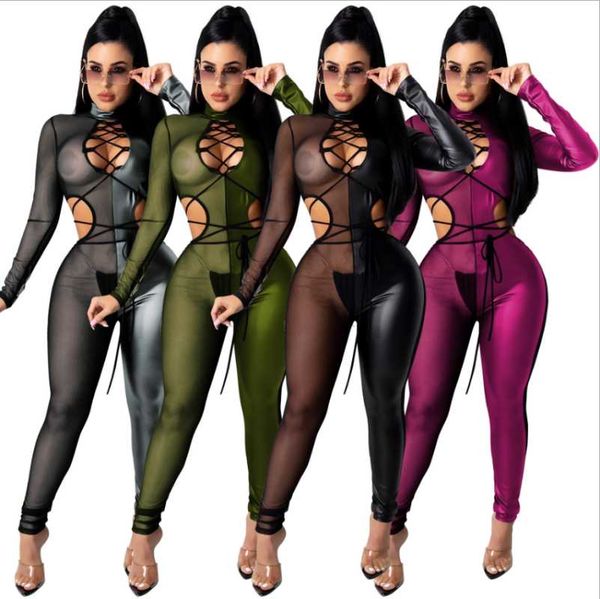mesh patent leather patchwork women nightclub wear jumpsuits 2021 spring lace-up hollow out turtleneck skinny rompers women's, Black;white
mesh patent leather patchwork women nightclub wear jumpsuits 2021 spring lace-up hollow out turtleneck skinny rompers women's, Black;white