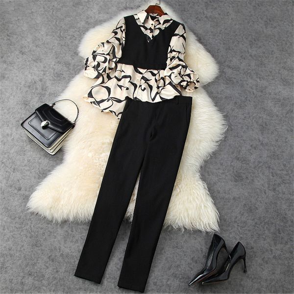 short elegant spring lady office clothes letters print blouse and suit pants piece female twinset correspondence, White;black
short elegant spring lady office clothes letters print blouse and suit pants piece female twinset correspondence, White;black