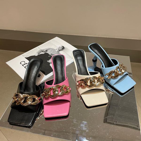 slippers fashion women open toe candy color gold metal chain thin high heels slip on mules shoes woman summer sandals slides, Black
slippers fashion women open toe candy color gold metal chain thin high heels slip on mules shoes woman summer sandals slides, Black