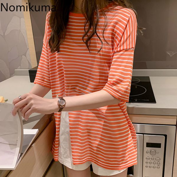 nomikuma korean style o neck short sleeve striped t shirts women split loose knitted thin tshirts casual fashion tee 3a529 210514, White
nomikuma korean style o neck short sleeve striped t shirts women split loose knitted thin tshirts casual fashion tee 3a529 210514, White