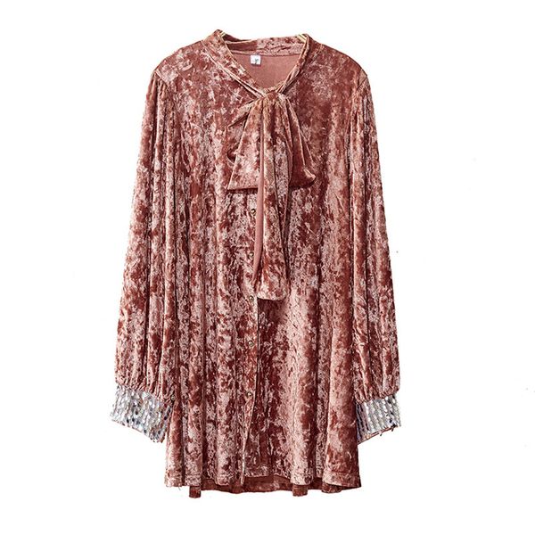 women solid runway pink black white velvet sequined stand collar lace up bow long sleeve shirt blouse b0448 210514
women solid runway pink black white velvet sequined stand collar lace up bow long sleeve shirt blouse b0448 210514