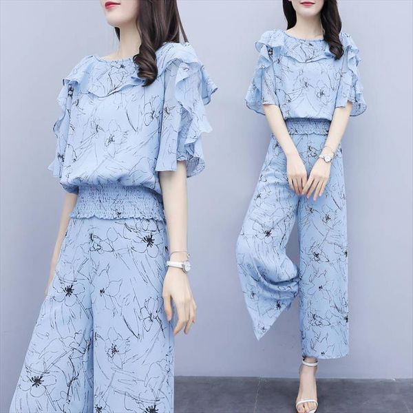 dress suit summer womenpant petal sleeve elastic tight waist blue floral blouse casual wide leg trousers suits plus size, White
dress suit summer womenpant petal sleeve elastic tight waist blue floral blouse casual wide leg trousers suits plus size, White
