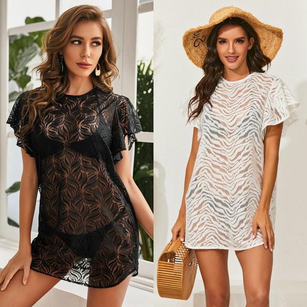 women's swimwear perspective bikini cover up tunic beach dress hollowed lace tulle mesh ruffled smock bathing suit beachwear, White;black
women's swimwear perspective bikini cover up tunic beach dress hollowed lace tulle mesh ruffled smock bathing suit beachwear, White;black