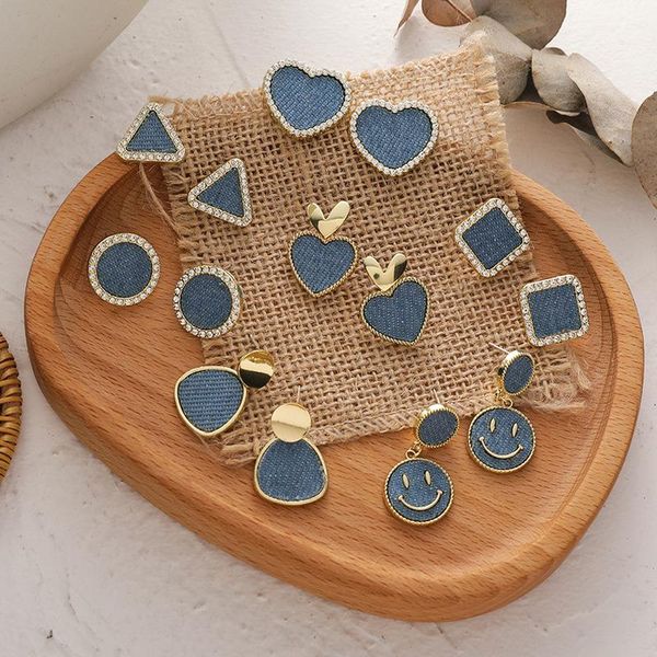 stud multiple blue color denim smile round heart earrings for women girl gold metal rhinestones geometric jewelry, Golden;silver 
stud multiple blue color denim smile round heart earrings for women girl gold metal rhinestones geometric jewelry, Golden;silver