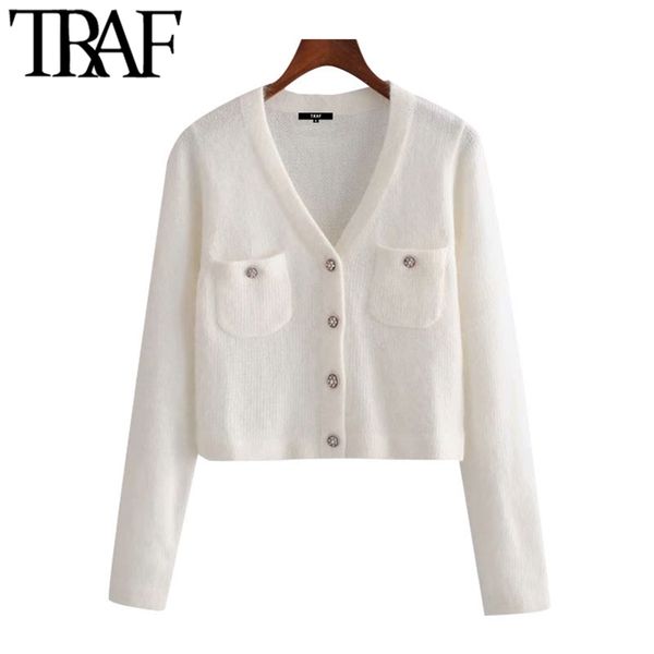 women fashion with pockets cropped knitted cardigan sweater vintage v neck long sleeve female outerwear chic 210507, White
women fashion with pockets cropped knitted cardigan sweater vintage v neck long sleeve female outerwear chic 210507, White