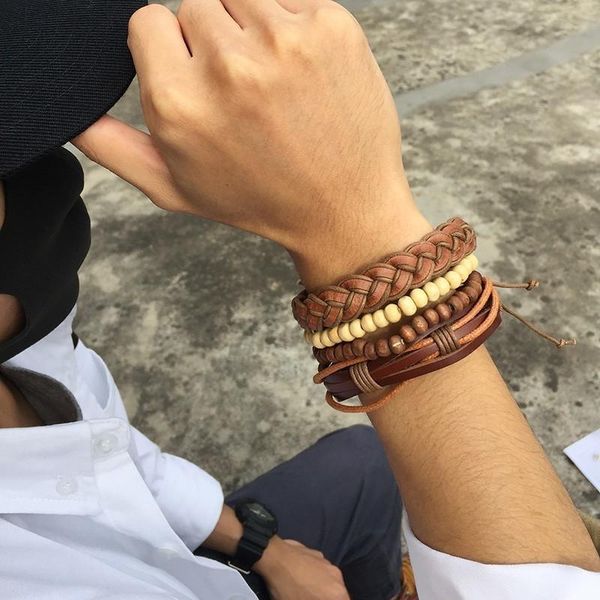 charm bracelets brown multilayer men's leather bracelet wood beads braided 4pcs 1 set jewelry casual male pulseira masculina, Golden;silver
charm bracelets brown multilayer men's leather bracelet wood beads braided 4pcs 1 set jewelry casual male pulseira masculina, Golden;silver