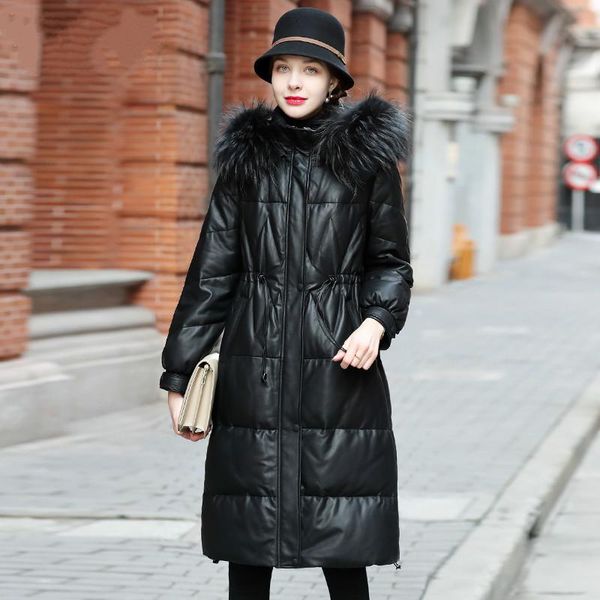 women's leather & faux real jacket women sheepskin coat 90% white duck down hooded parkas woman raccoon dog fur collar 2021 femme veste, Black 
women's leather & faux real jacket women sheepskin coat 90% white duck down hooded parkas woman raccoon dog fur collar 2021 femme veste, Black