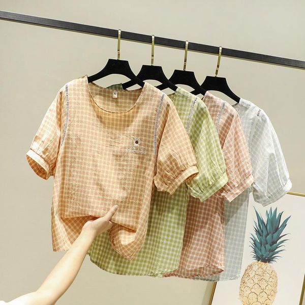 women's blouses & shirts plaid daisy short sleeve female bubble loose 2021 shirt, White
women's blouses & shirts plaid daisy short sleeve female bubble loose 2021 shirt, White