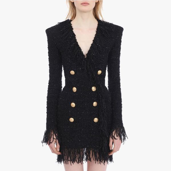dress high street 2021 ed as elegant female designer with double-breasted lion neckline fringe tweed tassel buttons, Black;gray
dress high street 2021 ed as elegant female designer with double-breasted lion neckline fringe tweed tassel buttons, Black;gray