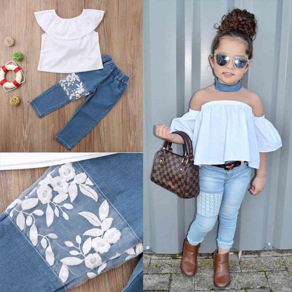 2pcs fashion girls clothing set summer baby clothes white ruffles denim floral lacepant children ailing