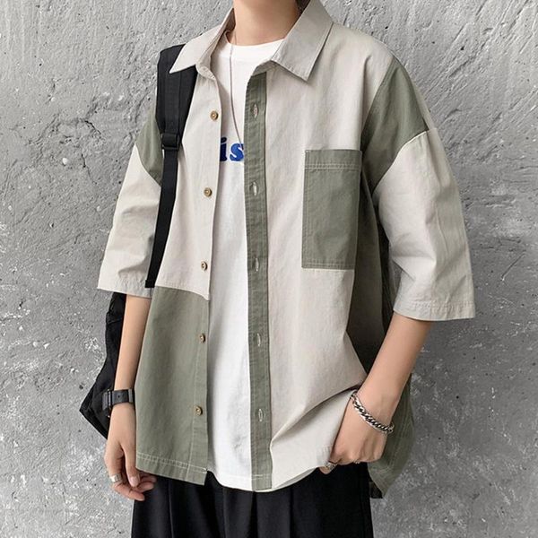 streetwear stitching color contrast short sleeve shirt pocket men loose casual workwear men's shirts, White;black
streetwear stitching color contrast short sleeve shirt pocket men loose casual workwear men's shirts, White;black