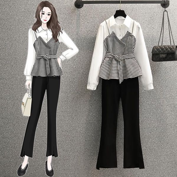 women's tracksuits autumn trousers suit plus size women plaid tweed patchwork white pearl button belt shirt +black flare pants female t, Gray
women's tracksuits autumn trousers suit plus size women plaid tweed patchwork white pearl button belt shirt +black flare pants female t, Gray
