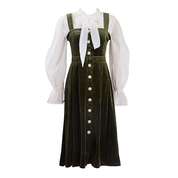 black green velvet button midi dress with shirt bow collar 2 two pieces set elegant solid vintage autumn winter t0290 210514, Black;gray
black green velvet button midi dress with shirt bow collar 2 two pieces set elegant solid vintage autumn winter t0290 210514, Black;gray
