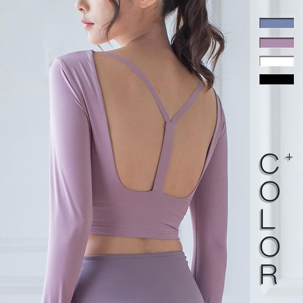 s-xl high stretcy hollow out long sleeve fitness shirts with pads backless crop gym o-neck sports sweat t-shirts sportswear yoga outfit