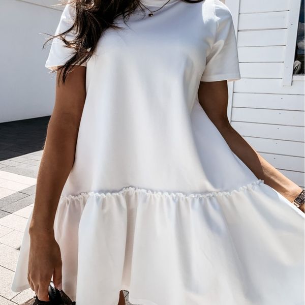 round 2020 home summer solid loose short sleeve neck ruffle dress women's wear, White;black
round 2020 home summer solid loose short sleeve neck ruffle dress women's wear, White;black