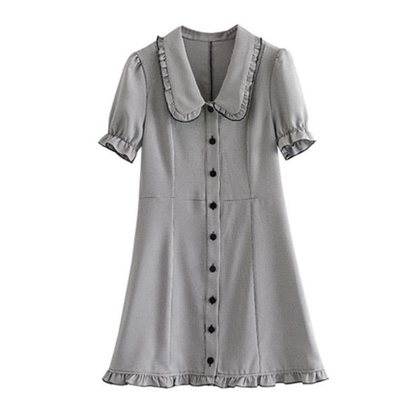 black women dress white houndstooth ruffle turn dwon collar single breasted short sleeve mini spring elegant d1013, Black;gray
black women dress white houndstooth ruffle turn dwon collar single breasted short sleeve mini spring elegant d1013, Black;gray